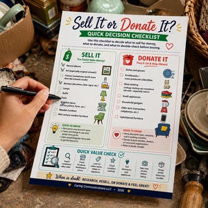 May include: A checklist titled "Sell It or Donate It?" with sections for items to sell and donate. The checklist includes categories like art, kitchen items, and clothing. A hand holds a pen, marking a box.