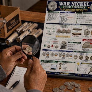 May include: A War Nickel quick reference guide featuring a detailed identification chart with text, diagrams, and coin images. The guide outlines steps for finding, identifying, and valuing silver war nickels from 1942 to 1945, including weight, composition, and mint mark details.
