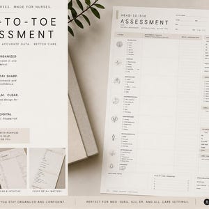 May include: A white paper nursing assessment form titled Head-to-Toe Assessment with black text, organized sections, checkboxes, and medical icons. The document includes fields for patient data, vital signs, and care plans, presented in a clean, minimalist layout.