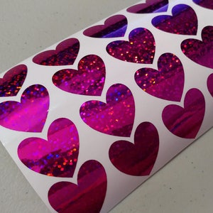 Pink Holographic Glitter Vinyl Hearts, Vinyl Decals, 36 Valentine&#39;s Day Stickers, Heart Stickers, Embellishments