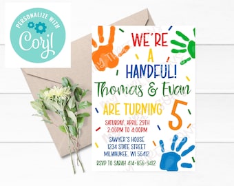 Hi Five Handful Birthday Invitation - Printable Editable Hi Five Invitation - Twins Hi Five - Printable Editable - Edit TODAY