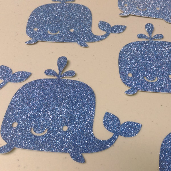 Whale Die Cut Shapes, 24 Whale Cutouts, Blue Glitter Whales, Under The Sea Fish, 2.5 Inches Tall