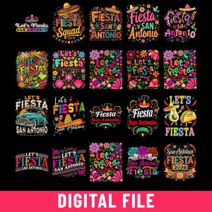 May include: A collection of colorful digital file designs with the words "Let's Fiesta San Antonio" and "Fiesta" in various styles. The designs include sombreros, flowers, and other festive elements, perfect for a celebration.