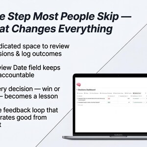 May include: A laptop displaying a dashboard with the text "Decisions Dashboard". The screen shows a list with data. The text on the screen includes "Dedicated space to review decisions & log outcomes" and "Review Date field keeps you accountable".