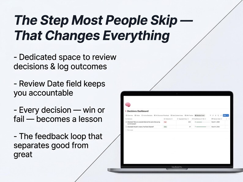 May include: A laptop displaying a dashboard with the text "Decisions Dashboard". The screen shows a list with data. The text on the screen includes "Dedicated space to review decisions & log outcomes" and "Review Date field keeps you accountable".
