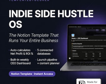 Notion Side Hustle OS | Digital Product Business Tracker | Revenue Expense & Content Planner - (Digital Download)