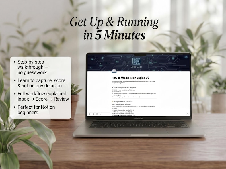 May include: A laptop displaying a document titled "How to Use Decision Engine OS" sits on a wooden desk. The screen shows a step-by-step guide with bullet points. Text above reads "Get Up & Running in 5 Minutes."
