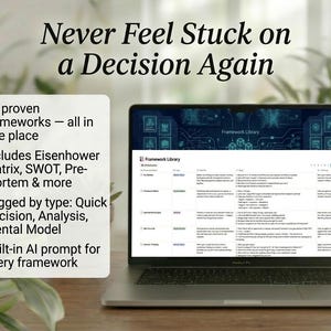May include: A laptop displays a "Framework Library" interface, with a list of decision-making tools. Text on a nearby card reads "Never Feel Stuck on a Decision Again." The card lists 12 frameworks, including Eisenhower Matrix and SWOT.