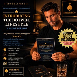Pode incluir: Um homem segura um livro intitulado "Introducing The Hotwife Lifestyle: A Guide For Him". A capa apresenta texto e um símbolo de espadas. Um guia bônus está incluído. O livro faz parte da série SpadeLifeCo.