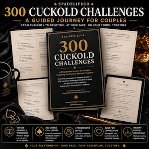 May include: A book titled "300 Cuckold Challenges" with a black cover and gold lettering, alongside a tablet displaying the contents. The image includes supporting materials and a coffee mug. The theme is a guided journey for couples.