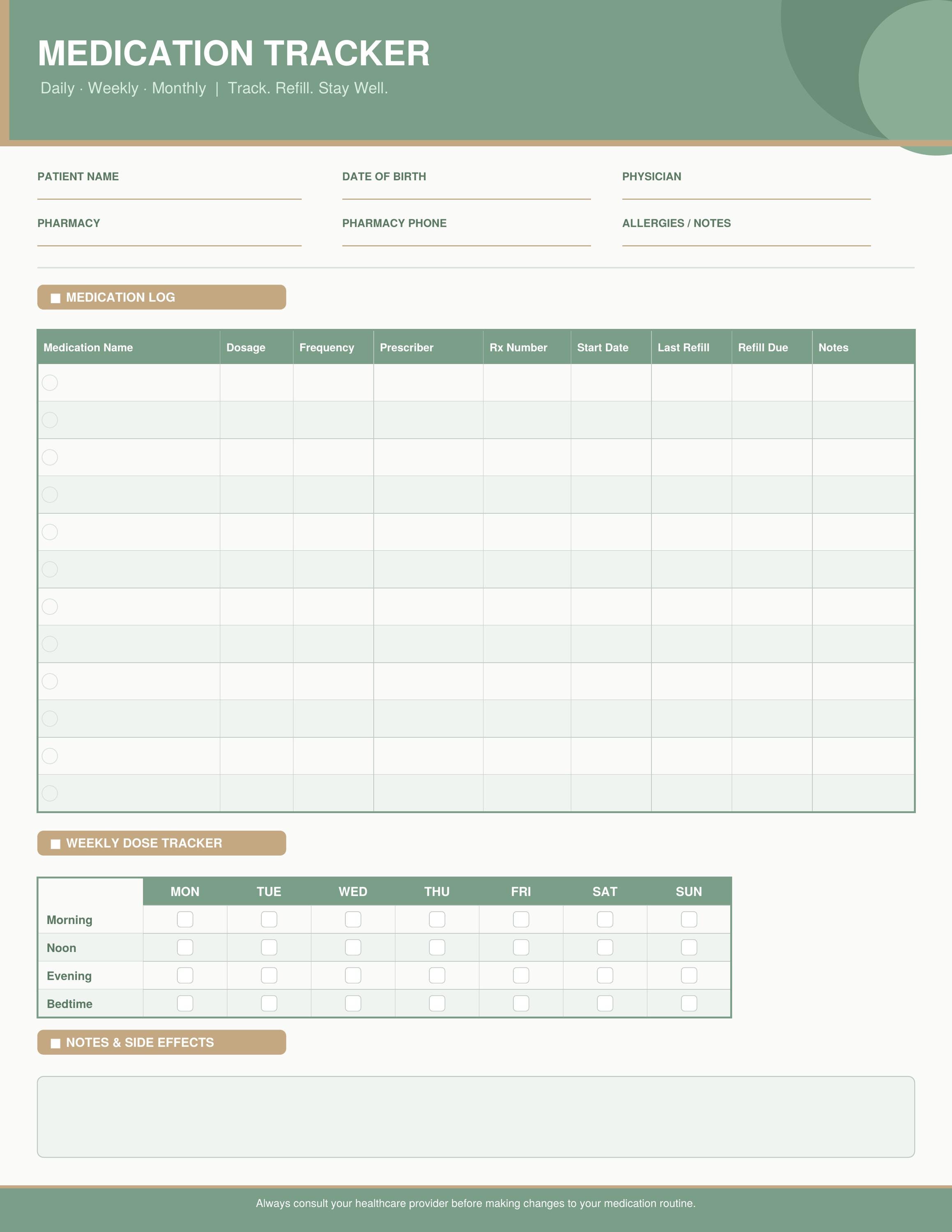Refill Roster Log Medication Tracker Printable Bundle | Daily Pill Log, Refill Reminder ...
