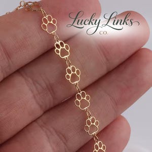 May include: A gold-colored chain bracelet featuring paw print cutouts. The bracelet is held in a hand, with the text "Lucky Links co." in a script font in the background. The paw print design is a popular theme for pet lovers.