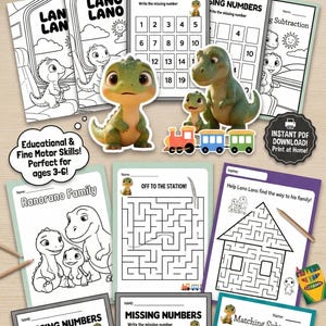 May include: A 9-page printable activity bundle featuring a dinosaur theme. Includes coloring pages, number matching, mazes, and subtraction exercises. The bundle is designed for children aged 3-6 and promotes educational and fine motor skills.