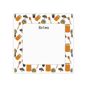 May include: Square notepad with a white background and a repeating pattern of honey jars, bees, honeycombs, and honey dippers. The center features a white space with the word "Notes" in black text.