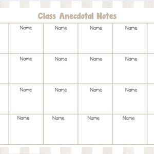 Puede incluir: Un documento rectangular imprimible titulado Class Anecdotal Notes con un borde a cuadros beige. La cuadrícula contiene cuatro filas y seis columnas, con cada celda etiquetada como Name. La esquina superior izquierda incluye Date y LI.