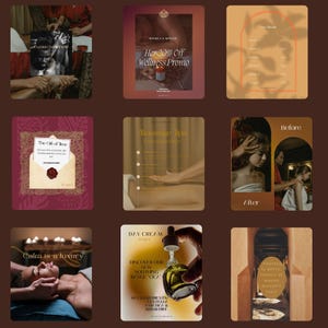 Peut inclure: Un collage de neuf images sur fond marron, promouvant le bien-être et les soins de la peau. Les images incluent du texte tel que "Her 20% Off Wellness Promo", "Massage Tips" et "Day Cream". D'autres images montrent des soins spa et des produits.