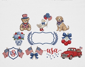 Grandmillennial USA Patriotische Stickdatei, Vintage Vierter Juli Chintz Maschinenstickdatei, Coquette America Digitale Kunst