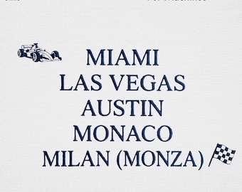 Racing Cories Stickdatei, Vintage Grand-Prix-Auto Maschinenstickdatei, Miami Las Vegas Austin Monaco Monza Monaco digitales Muster