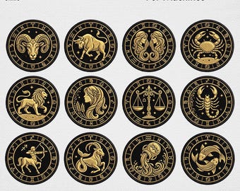 Gold Zodiac Embroidery Design Bundle Vintage 12 Horoscope Wheel Machine Embroidery File Celestial Astrology Emblem Badge USA Digital Pattern