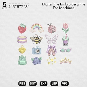 Coquette Aesthetic Embroidery Bundle, 16 Cute Mini Balletcore Icons, Soft Pastel Bow Tulip Bee Stitches, Girly Strawberry Boba Digital File