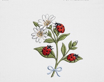 Vintage Daisy Embroidery Design, Ladybug Flower Bouquet Machine Embroidery File, Cottagecore Garden Botanical Bow Ribbon USA Digital Pattern