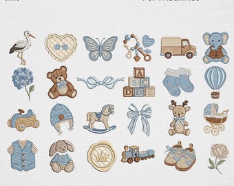 Vintage Baby Boy Stickerei, gesticktes Stickmuster, klassisches Dusty Blue Prince Kinderzimmer Monogramm Wappen, Maschinenstickerei, Neugeborenen Geschenk