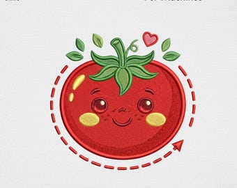 Süße Tomate Stickdatei, Maschinenstickerei, Cottagecore Kinder Garten Deko, digitales Muster, lustiges fröhliches Gemüse Stickmuster