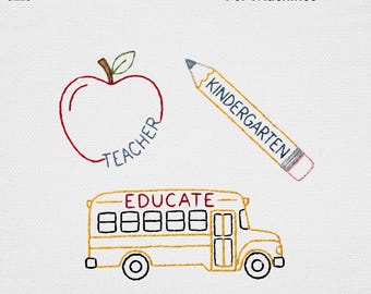 Minimalistisches Schulbus Stickdateien Design Bundle, süße Lehrer Apple Bleistift Umriss Maschinenstickdatei Schulbus USA Digitales Muster