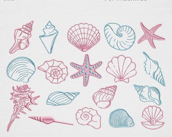 Coastal Seashell Embroidery Design Bundle, Vintage Mermaid Seestern Maschinenstickdatei, Summer Beach Ocean Shell Pack USA Digital Art