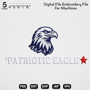 Könnte beinhalten: Eine digitale Stickdatei für Maschinen mit einer marineblauen und weißen Adlerkopf-Grafik, dem Text "PATRIOTIC EAGLE" und einem roten Stern. Das Design umfasst 5 Größen von 10 cm bis 20 cm und unterstützt die Formate PES, DST, EXP, JEF und VP3.