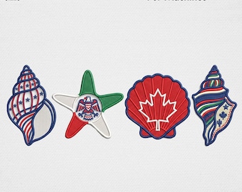 Vaterländische Flagge Seestern Maschinenstickdatei, USA Kanada Mexiko Sommer Fußball Digital Art Stickerei, Muschel Stickdatei