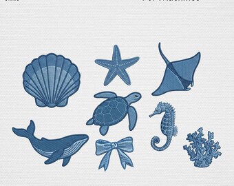 Coastal Blue Embroidery Design Bundle, Coquette Bow Sea Turtle Whale Machine Embroidery File Vintage Ocean Seahorse Starfish Digital Pattern