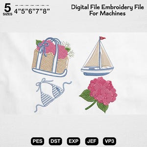Coastal Summer Embroidery Design Bundle, Sailboat Hydrangea Machine Embroidery File, Beach Bag Bikini Ocean Pattern, Preppy Nautical Digital