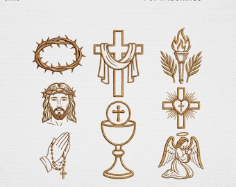 Christian Faith Embroidery Design Bundle, Gold Cross Jesus Mother Mary Line Art Machine Embroidery File, Religious Church Prayer USA Digital