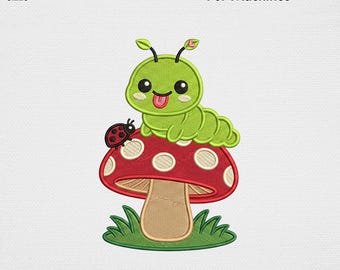 Cute Caterpillar Embroidery Design, Kawaii Mushroom Ladybug Machine Embroidery File Cottagecore Woodland Bug Kids School USA Digital Pattern