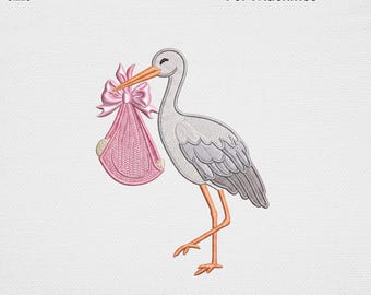 Storch liefert Baby-Stickerei, niedlicher Cartoon-Vogel-Rosa-Schleifen-Stickdatei, Babyparty-Neugeborenen-Erstes USA-Digitalmuster