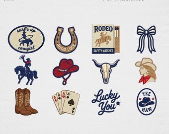 Western Cowgirl Stickerei Design Bundle, Vintage Coquette Schleife Rodeo Streichholzschachtel Maschinenstickdatei Küsten Cowboyhut USA Digitales Muster