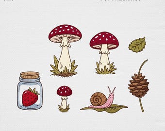 Cottagecore Mushroom Embroidery Design Bundle, Vintage Snail Pinecone Jar Machine Embroidery File Whimsical Forest Woodland USA Digital Pack
