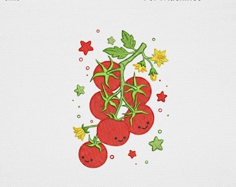 Cute Kawaii Tomato Embroidery Design, Funny Tomato Vine Blossom Machine Embroidery File Cottagecore Kitchen Garden Berry USA Digital Pattern