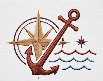 Nautical Anchor Compass Embroidery Design, Vintage Maritime Ocean Wave Machine Embroidery File, Coastal Sailing Explorer USA Digital Pattern