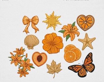 Sunset Orange Embroidery Design Bundle Coquette Bow Butterfly Lily Flower Machine Embroidery File Cottagecore Summer Autumn USA Digital Pack