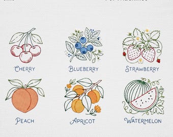 Vintage Obst Stickerei Design Bundle, Kokette Erdbeere Pfirsich Blaubeere Maschinenstickdatei Cottagecore Kitchen Art USA Digital Pack