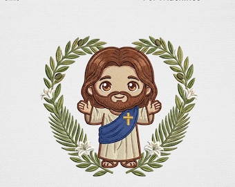 Cute Chibi Jesus Wreath Embroidery Design Kawaii Christ Lily Leaf Machine EmbroideryFile Sunday School Church Kids Christian USA Digital Art