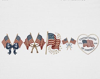 Kokette Amerikanische Flagge Stickmuster, Maschinenstickerei, Vintage Vierter Juli Schleife, Semiquincentennial USA Digitales Muster