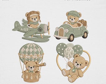 Vintage Teddy Bear Embroidery Design Bundle, Cute Baby Boy Sage Green Airplane Hot Air Balloon Machine Embroidery File, Nursery USA Pattern