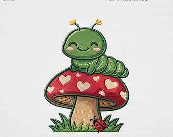Cute Caterpillar Embroidery Design, Kawaii Heart Mushroom Ladybug Machine Embroidery File, Cottagecore Woodland Bug Kids USA Digital Pattern