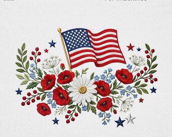 Amerikanische Flagge Blumenkranz Stickdatei, 4th of Jul 2013 Pateresische Mohnblume Maschinenstickerei, Vintage USA Botanische Digitale Kunst