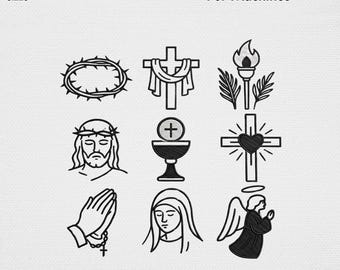 Christlicher Glaube Stickmuster Bundle, Jesus Kreuz Mutter Maria Line Art Maschinenstickdatei, Religiöses Kirche Gebet USA Digitale Kunst