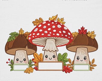Mushroom Family Name EmbroideryDesign Cute Toadstool Frame Machine Embroidery File Cottagecore Autumn Maple Leaf Multi Badge Digital Pattern