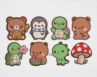 Cute Chibi Animals Machine Embroidery Design Bundle Kawaii Baby Bear Penguin Turtle Machine Embroidery File Dino Mushroom Summer USA Pattern